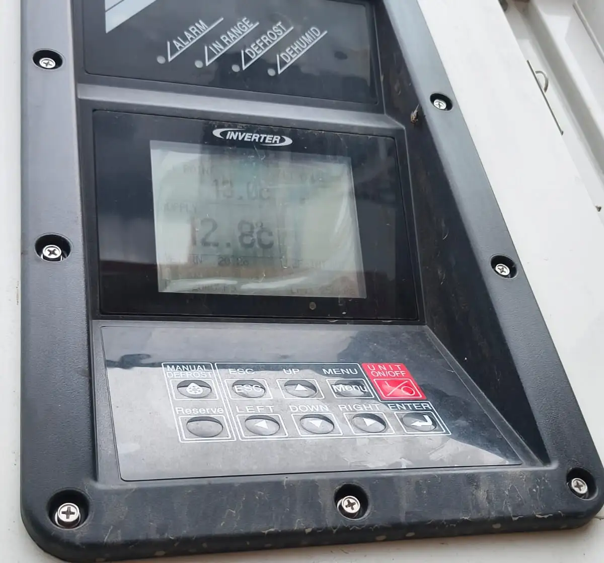 The reefer control panel at loading, set to 13 degrees Celsius
